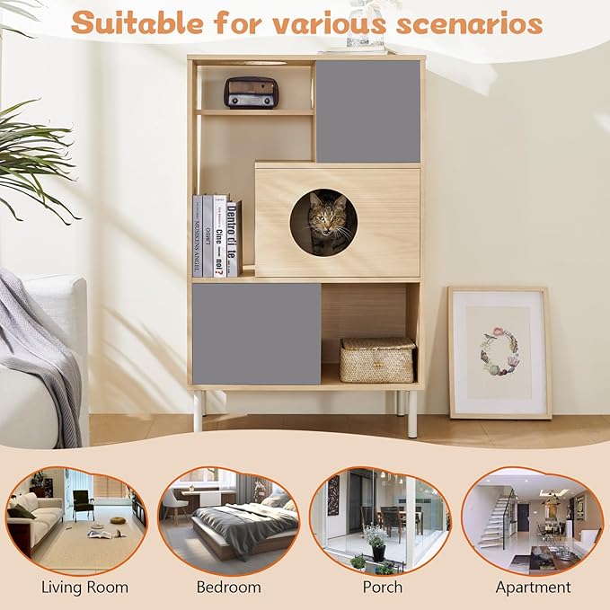 2-in-1 Modern Cat Tree Tower for Large Cats,Wooden Cat Tower with Litter Box Enclosure and Bookshelf/Storage Cabinet/Hidden Bed for Living Room Or Bedroom (Natural, 35.4") (Natural+Grey, 27.6)
