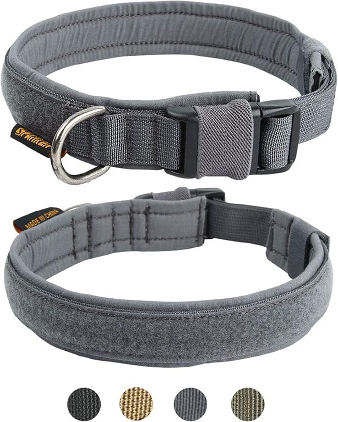 EXCELLENT ELITE SPANKER Tactical Small Puppy Dog Collar Nylon Adjustable Heavy Duty Military for Small Medium and Large Dogs Pet Soft Padded Dog Collar(Gry-M)