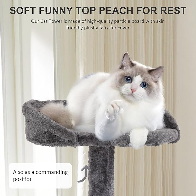 70" Multi-Level Cat Tree Tower with Scratching Posts, Toys & Condo - Space-Saving Design for Indoor Kittens, Compact Floor Footprint & Vertical Space for Multi-Cat Homes-Ashy