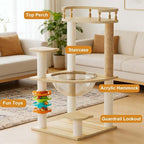 32.2”” Wood Cat Tower with Sisal Scratching Post, Modern Cat Tree with Acrylic Bowl, Cat Perch, Climbing Ladder & Ball Toy, Multi-Level Cat Activity Center (32.2 inch)