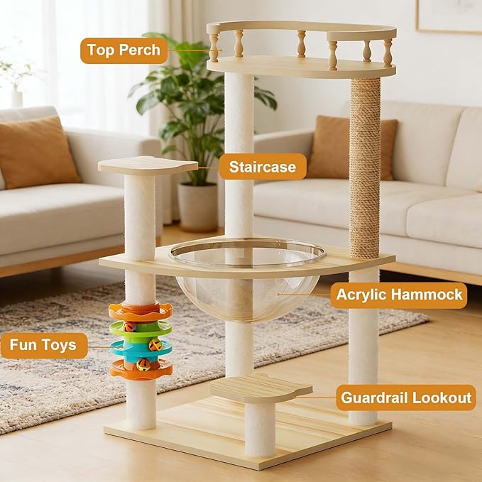 32.2”” Wood Cat Tower with Sisal Scratching Post, Modern Cat Tree with Acrylic Bowl, Cat Perch, Climbing Ladder & Ball Toy, Multi-Level Cat Activity Center (32.2 inch)