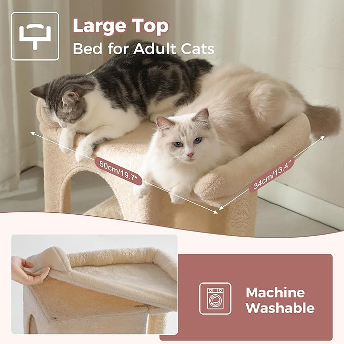 Small Cat Tree Tower for Adult Cats with Large Top Bed 20x13.8”Private Cat Condo,Sisal Scratching Post and Ramp and Self Groomer and Spring Ball-Beige