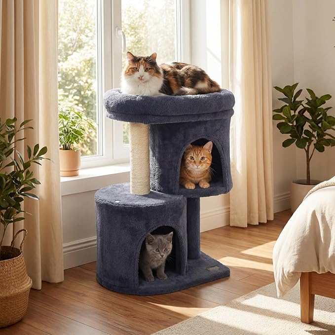 DORTALA Cat Tree for Indoor Cats, 26-Inch Cat Tower with 2 Cozy Condos, Sisal Scratching Post, Plush Top Perch, Modern Kittens Activity Play Center (Dark Grey)