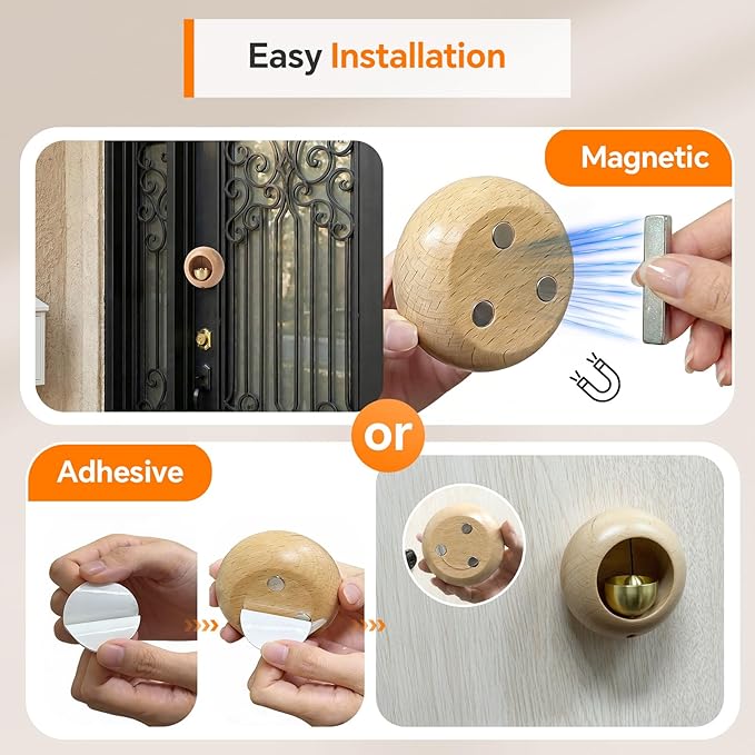 Round Shopkeepers Bell for Door Opening – Magnetic Wooden Door Chime & Wireless Brass Doorbell for Business, Office, Fridge – Modern Circular Wind Bell Entry Alert – No Battery
