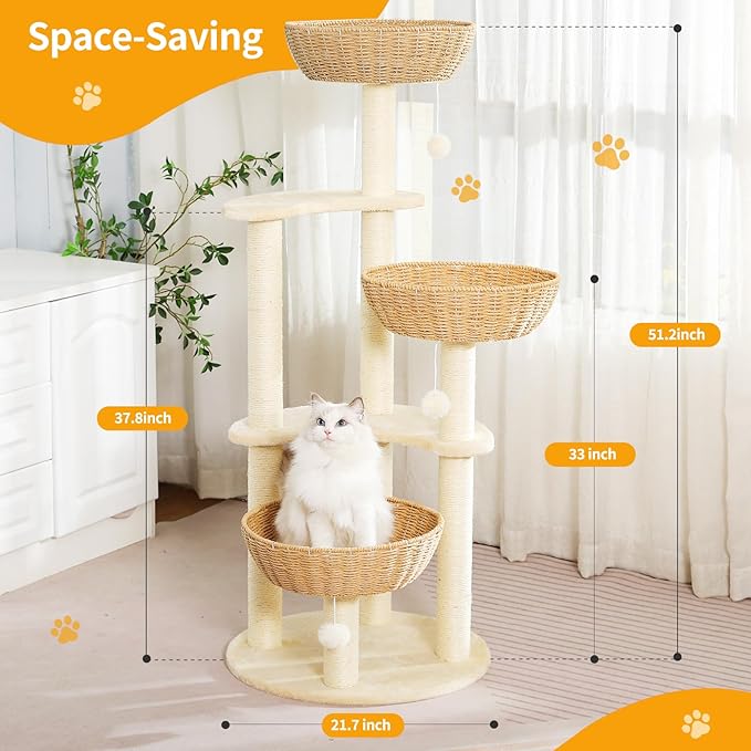 Modern Cat Tree Tower,Three Hand-Woven cat beds, Sisal-Covered Scratching Posts for Indoor Cats, Multi-Level Cat Condo with Space Capsule Nest, Tall Cat Tree for Multiple Large Cats
