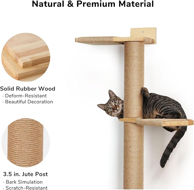 FUKUMARU Wall-Mounted Cat Tree for Small & Medium Cats, 5-Tier Tall Cat Climbing Tower with Scratching Post, Indoor Cat Wall Shelves for Climbing, Scratching & Lookout