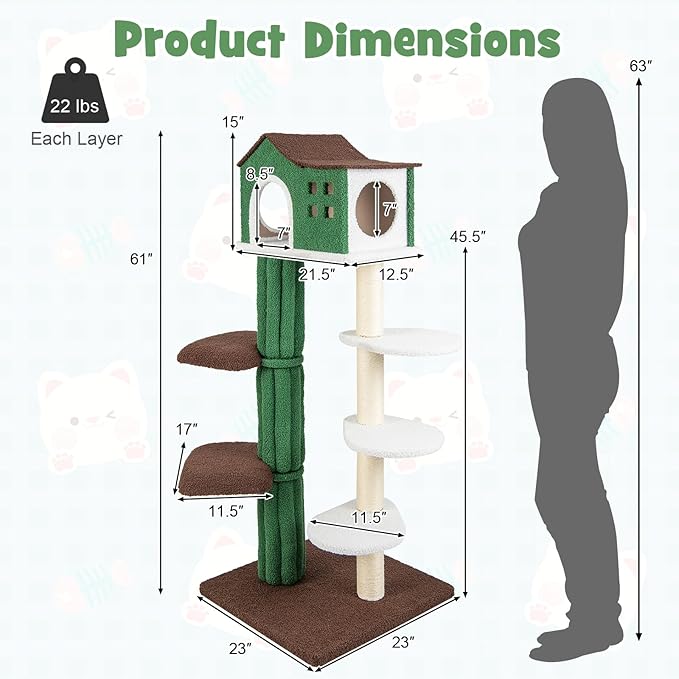 Tangkula Tall Cat Tree for Indoor Cat, 7-Tier 61” Modern Cat Tower with Sisal Scratching Posts, Top Condo, Soft Mohair Plush Fabric, Cute Cat Tree for Large Cats 20 lbs Heavy Duty