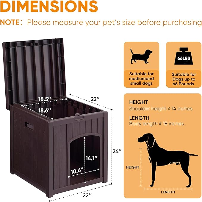 Indoor Dog House Weatherproof Outdoor Dog Houser for Small Medium Dogs, Resin Plastic Igloo Dog House with Flip Lid and Elevated Floor, Easy Assembly for Cat Puppy Shelter (Brown)