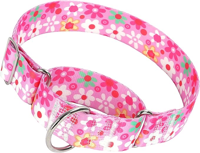 Wide Pink Martingale Collar for Dogs,1.5 Inches Martingale Collar with Flowers Pattern,No Slip Dog Collar Perfect for Training,Walking, Hunting(Pink Flowers L)
