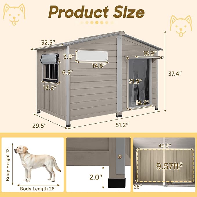 51.2" L Extra Large Weatherproof Dog House, Chew-Proof Iron Frame Kennel for Small & Large Breeds