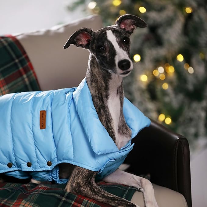 SPACE LION Dog Puffer Jacket, Down Winter Coat, Durable Outdoor Coat for Cold and Windy Conditions, Lightweight & Adjustable Fit Coats for Medium & Large Dogs, (Alaskan Blue, Size 16 Gift Box)
