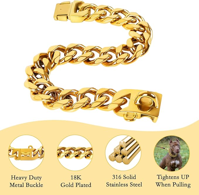 BAOBOTE 23MM Gold Dog Collar,Dog Chain Collars with Cuban Link Dog Collar,Heavy Duty Training Collar Chew Proof for Medium Dogs(24" Gold)