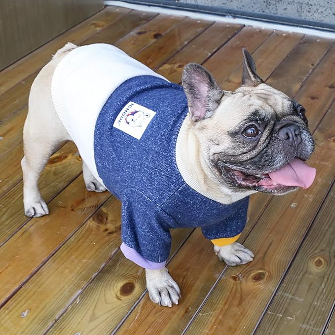 iChoue Pet Dog Crewneck Sweater Color Block Pullover Winter Warm Clothes for French Bulldog Frenchie Pug Puppy - Navy and Beige/Small