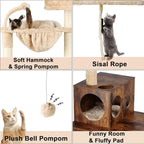 Cat Tree with Litter Box Enclosure, 2-in-1 Cat Tower for Indoor Cats, Large Wood Cat Condo with Basket, Scratching Posts, Pompoms, Rustic Brown
