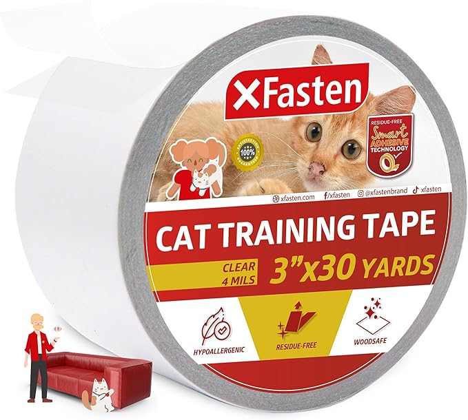 XFasten Anti-Scratch Cat Training Tape, 3-Inches x 30-Yards - Door, Couch, Furniture and Leather Scratch Guard Protector Tape for Cats and Pets
