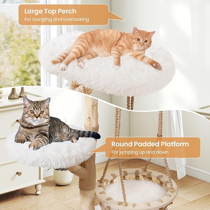 Tangkula Solid Wood Cat Tree, 48.5” Natural Branch Modern Cat Tower with Luxury Hanging Cradle, Jute Scratching Post, Top Perch, Padded Platform, Soft Long Plush, Boho Cat Tree for Indoor Kittens