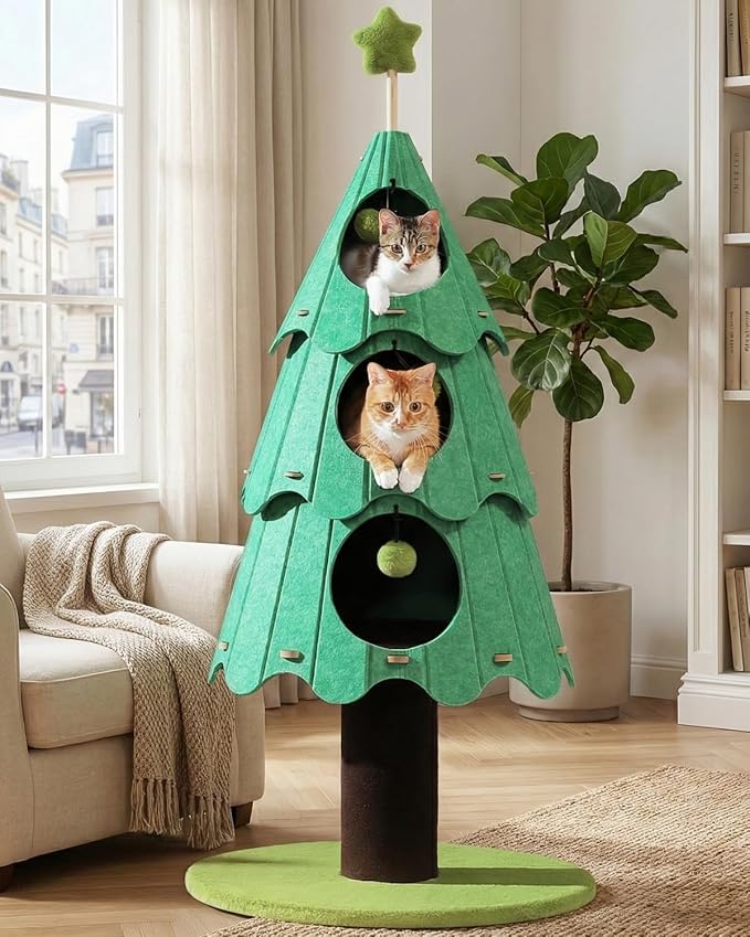 53 Inch Christmas Cat Tree for Indoor Cats, Cat Tower with 3 Condos & 4 Pompoms, Multi-Cat Furniture with Holiday Felt Stickers, Activity Center & Beds, Green