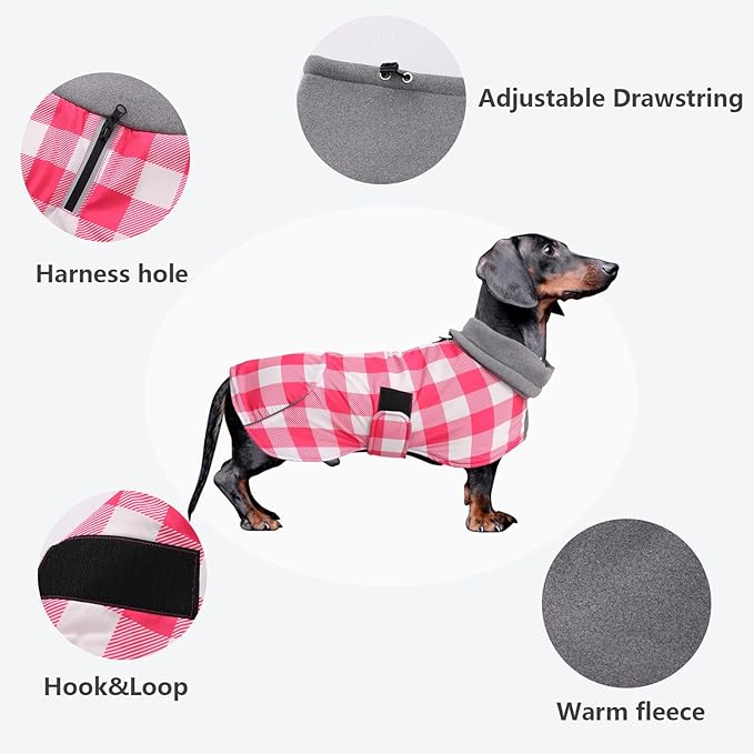 Dachshund Coats Waterproof Suitable for Dachshunds Sausage Weiner Dog Winter Coat Padded Fleece Puppy Snowsuit with Adjustable Bands Reflective Stripe - Plaid Pink - S