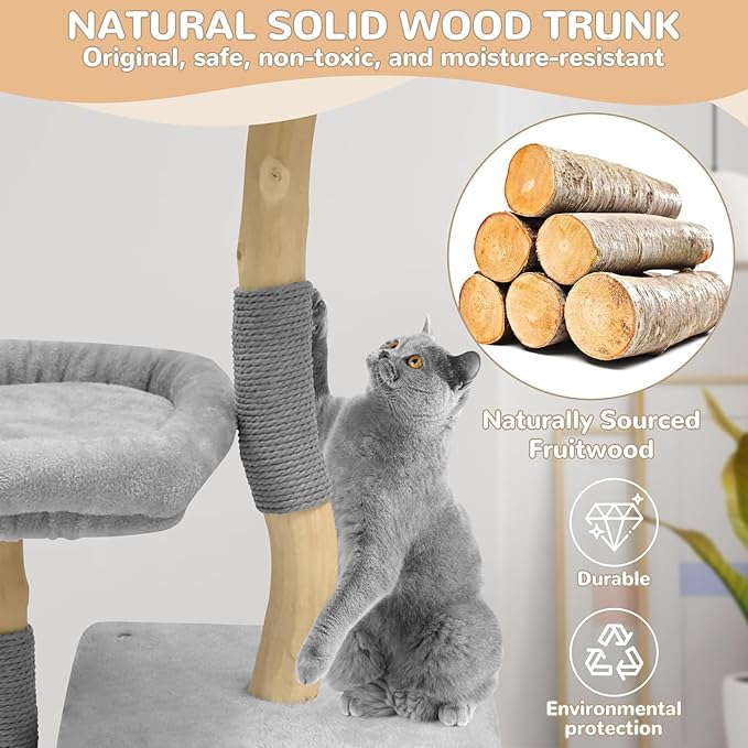 Modern Cat Tree for Indoor Cats - Multi-Level Wooden Tower with Scratching Posts, Large Jumping Platforms, Hanging Toy - Modern Luxury Cat Furniture for Indoor Cats-Grey