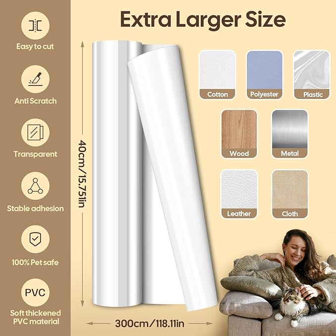 Cat Scratch Furniture Protector - Thicken PVC 118.11"*15.75 Couch Protector from Claws Single-Sided Anti Scratching Tape - Cat Couch Corner Protector - Pet Tape for Furniture for Door Wall
