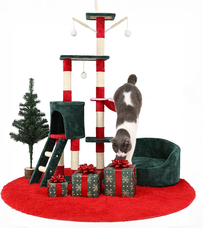 55" Christmas Cat Tree with Cozy Condos, Sisal Scratching Posts & Plush Fabric, Cats Tower with Large Perch Activity Center for Kittens to Adults Cats, Fits Living Room, Bedroom, Apartments