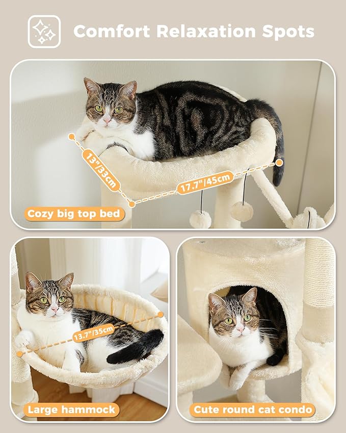 59" Cat Tree, Cat Tower for Large Cats, Multi-Level Cat Tower with 3 Removable Pompom Sticks, Cat Tree for Indoor Cats, Cat Condo with Large Hammock, Scratching Post, and 2 Perches, Beige