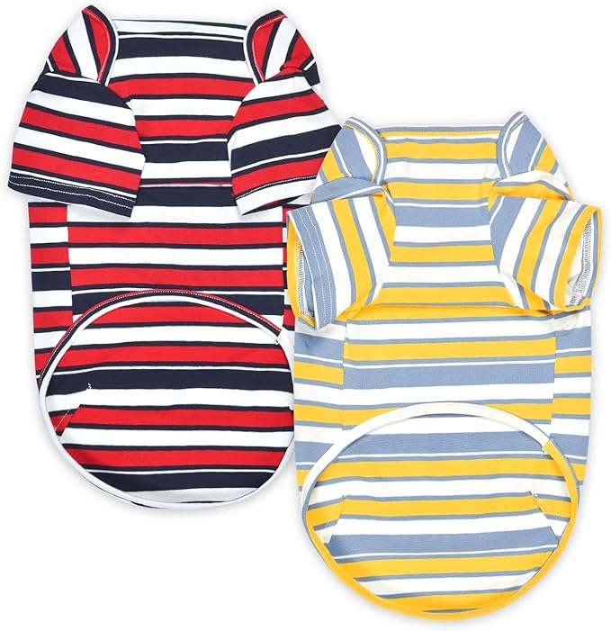 Dog Shirts Cotton Striped T-Shirt, Summer Pet Clothes for Small Dogs, 2-Pack Soft Puppy Apparel Cat Tee, Breathable Stretchy, Red Yellow M