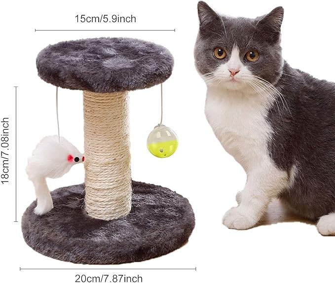 Small Cat Scratching Post and Small Cat Tree Natural Sisal Tower with Round Perch and Plush Ball Furniture Made for Small Cat, Kitten Relax Tree -Grey