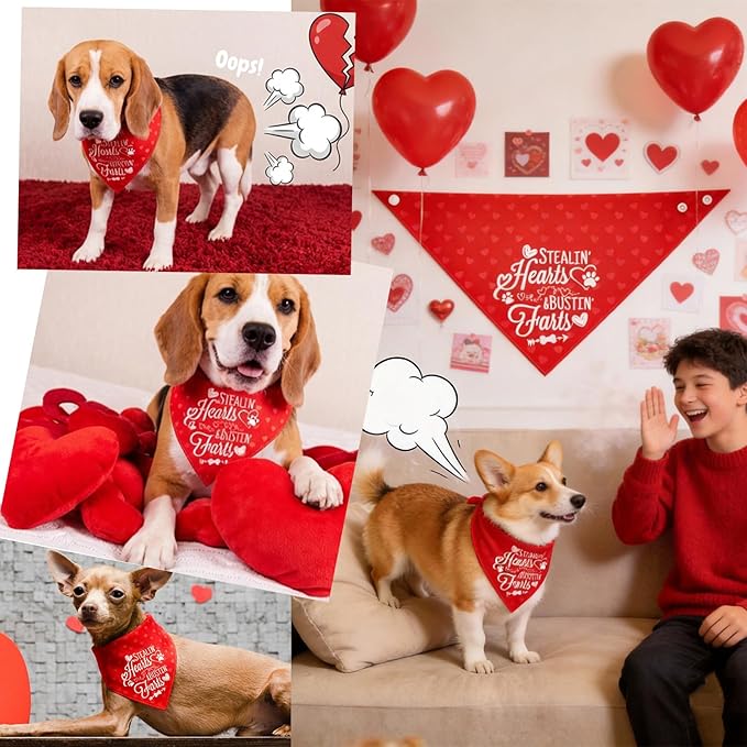 Valentine's Day Dog Bandanas - Reversible Cute Lettering & Heart Pattern 2-in-1 Valentine Holiday Costume Pet Scarf, 1pack Snap Button Bandana for Small & Medium Breed (5-30lbs)