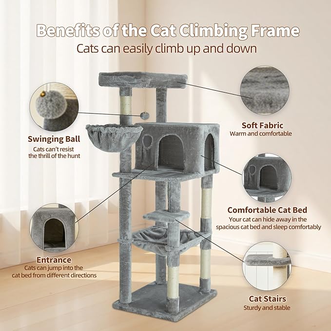 56.2 Inch Cat Tree Condo, Multi-Level Tower with Sisal Scratching Post, Cat House, Plush Toy & Indoor Play Gym (Grey)