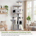 Globlazer Heavy Duty Cat Tree, 83 Inch Giant Cat Tower with 7 Scratching Posts, Multi-Level Large Cat Condo for Indoor Cats Large Adult, 2 Perchs, 3 Sturdy Hanging Baskets, Cat Toys, F83C, Light Grey