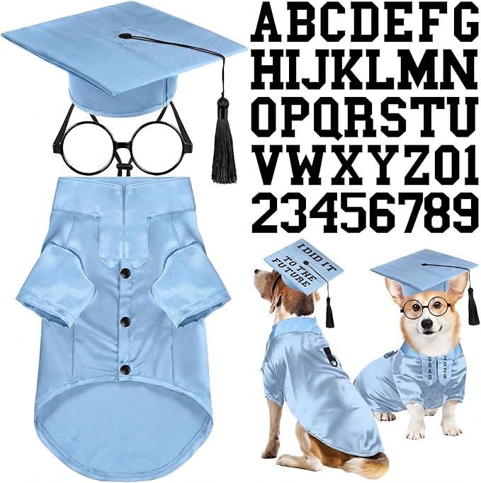 5 Pcs Dog Graduation Costume Set Include 2026 Pet Graduation Gown with Stole Puppy Grad Cap Lensless Glasses DIY Letter Stickers for Dogs Cats Holiday Costume Accessory(Light Blue,L)
