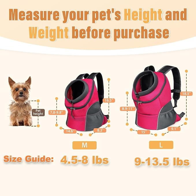 YUDODO 4-8lbs Dog Front Carrier Backpack, Adjustable Breathable Pet Carrier for Small Dogs, Ventilated Puppy Back Pack with Safety Belt, Lightweight Doggy Backpack for Hiking Outdoor (Rose, M)