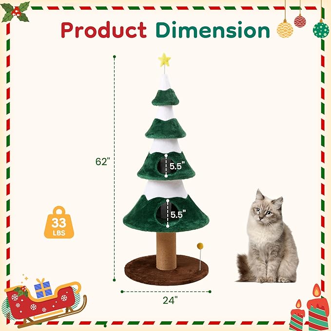 62" Cat Tree, Cat Tower with Heavy Duty Base and Scratching Posts, Multi-Level Plant-Like Cat Furniture, Sisal Cat Scratcher & Cozy Cat Condo, a Holiday Favorite for Indoor Cats,Green