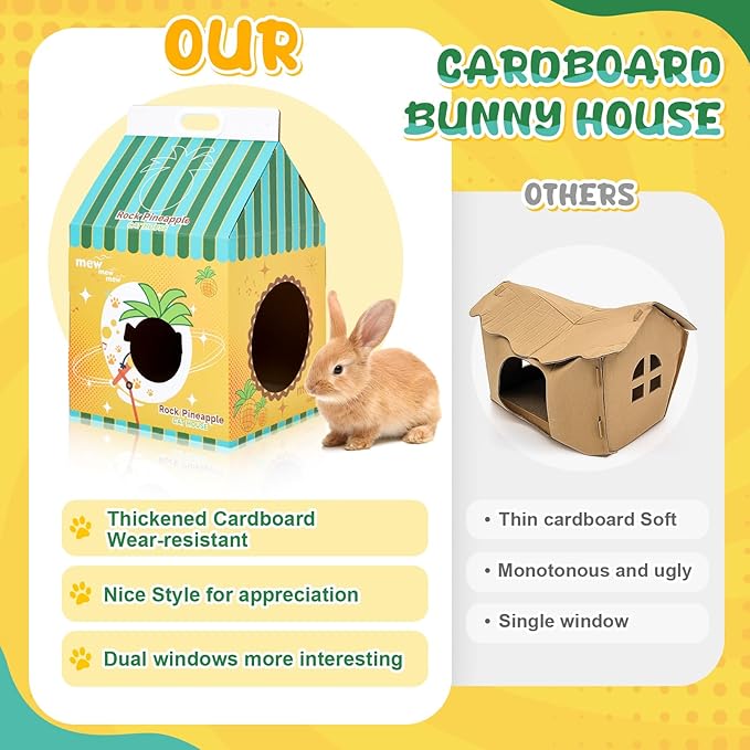 22.7'' x 13'' x 12.6'' Cardboard Bunny Hideout with Scratcher, Cardboard Cat House, Milk Carton Pineapple Room, Playhouse for Small Animals