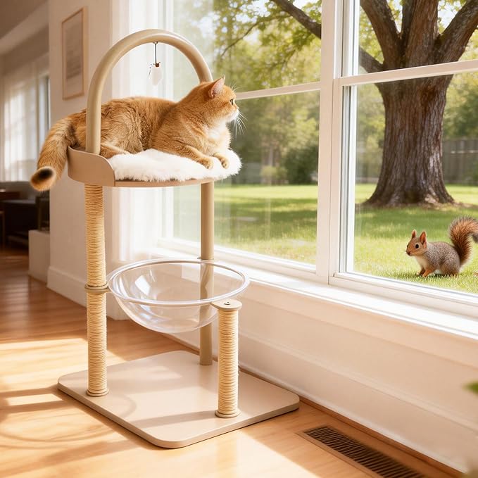 34" Modern Cat Tree Furniture, Minimalist Metal Frame Cat Tower with Wood Platforms, Washable Cushion & Scratching Post, Stylish Cat Condo for Indoor Cats, Cream Beige