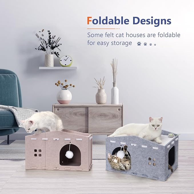 Cat House for Indoor Cats, Cat Beds Peekaboo Pet Cave with Fluffy Ball and Catnip Toy for Multiple Large Cats Up to 33 Lbs Foldable Cat Hideaway Scratch Resistant for Kitten Kitty (Grey