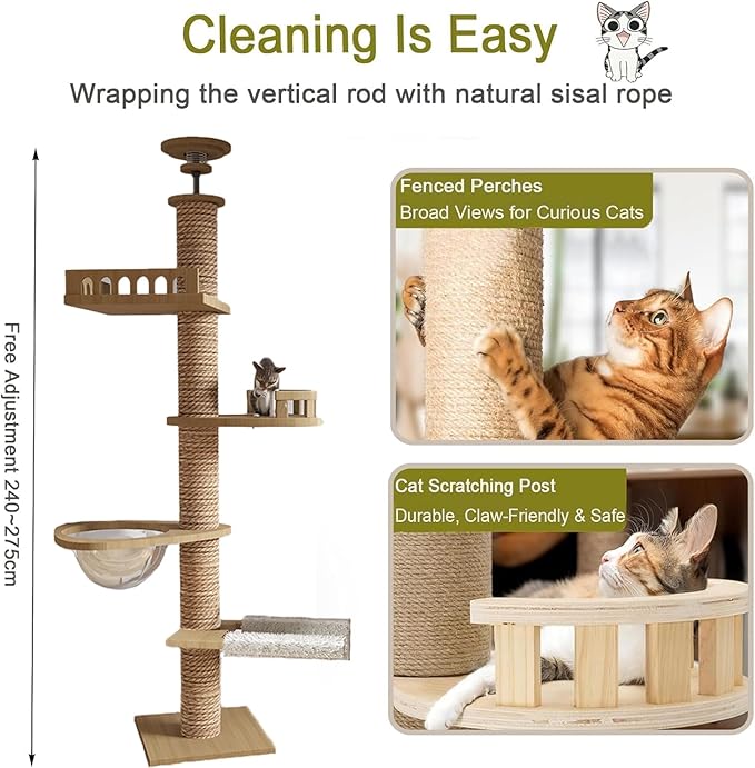 Floor to Ceiling cat Tree - Adjustable Height (95-98in,104.3-108.2in)- with Width 4.33 in Scratching Post,Cat Hammock,Fully Wrapped with sisal Rope - Floor to Ceiling Cat Tower for Indoor Cats.(T04)