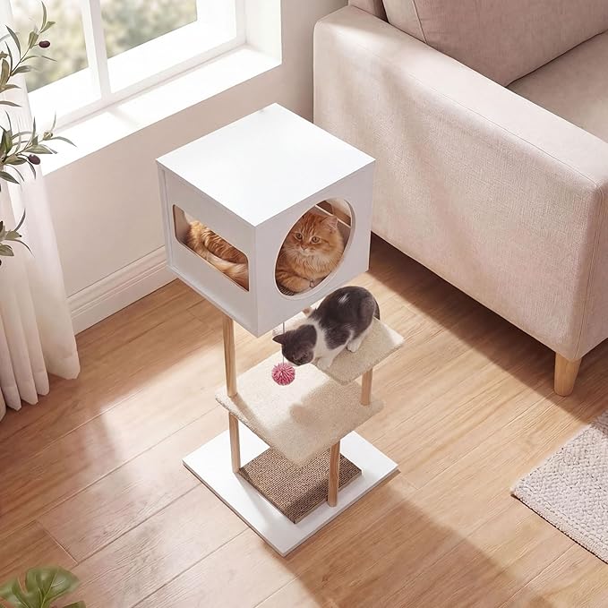 Tangkula Modern Cat Tree, 40 Inches Minimalist Wood Cat Tower with Rubber Wood Posts, 2 Cardboard Scratching Pads, 2-Door Condo, Dangling Ball, Jumping Platforms for Indoor Cats