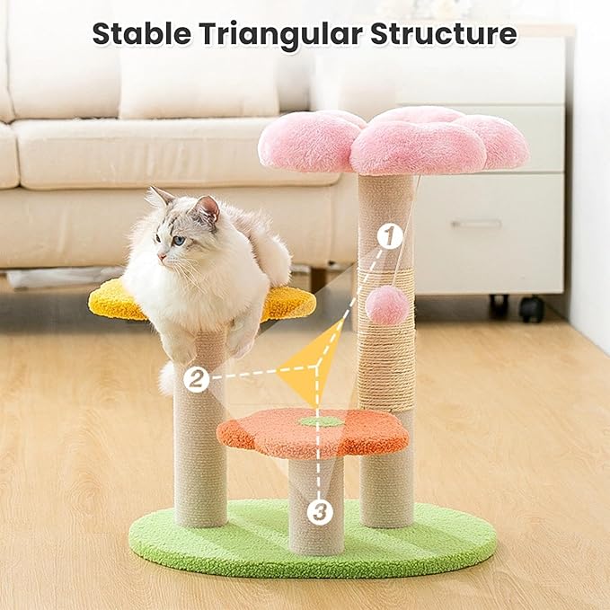 Flower Cat Tree 22.4 inches for Indoor Cats, 3-Story Cat Tower with Scratching Post, Multi-Functional Plush Cat Condo with Interactive Ball Toy, Protects Furniture with Durable Sisal Pole(Pink)