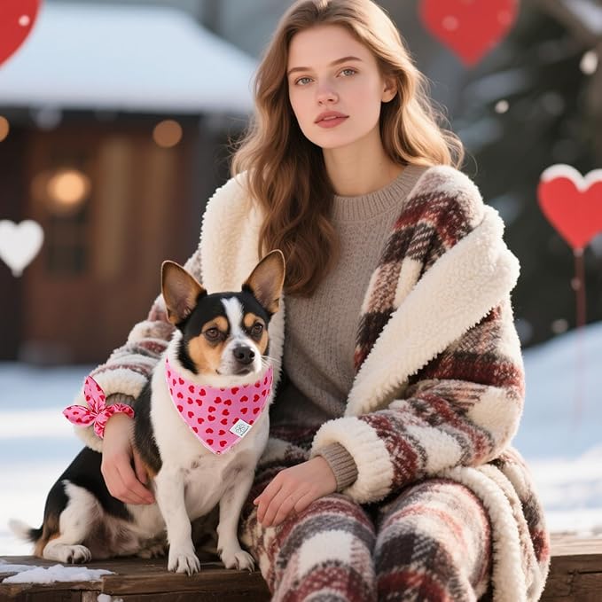 E-Clover Mother's Day Heart Dog Bandanas & Matching Scrunchie Set Cute Girl Dog Scarf Bibs Pet Bandana with Bow Tie for Medium Large Dogs Owner Mom Pink