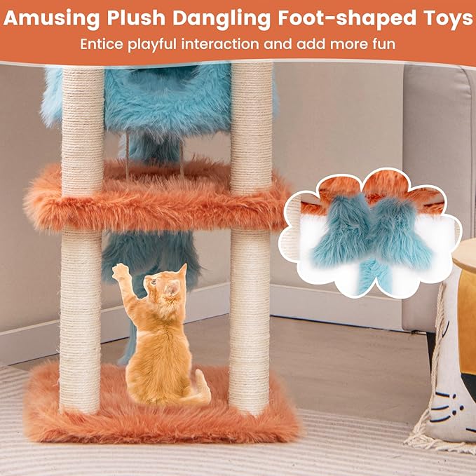 PETSITE 34 inch Monster-Themed Cute Cat Tree, Modern Cat Tree Tower with Sisal Scratching Posts, Cat Condo, and Hanging Dangling Toys, Long Plush Covered Surface
