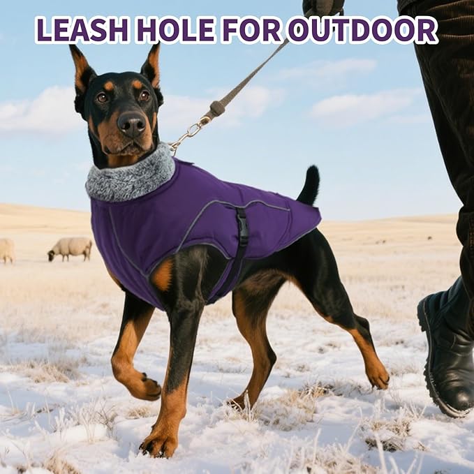 DENTRUN Winter Warm Dog Coat Reflective Jacket with Turtleneck for Cold Weather, Adjustable Buckle Windproof Water Repellent, Thick Snowsuit Fleece Vest for Small, Medium, Large Dogs, Purple, XXL