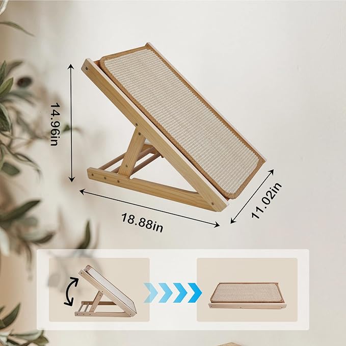 PINVNBY Tilted Angled Cat Scratcher Ramp with Replaceable Natural Sisal Mat,Incline Wooden Cat Scratching Board Three Different Adjustable Height Cat Scratch Pad Bed for Indoor Cats Kitten