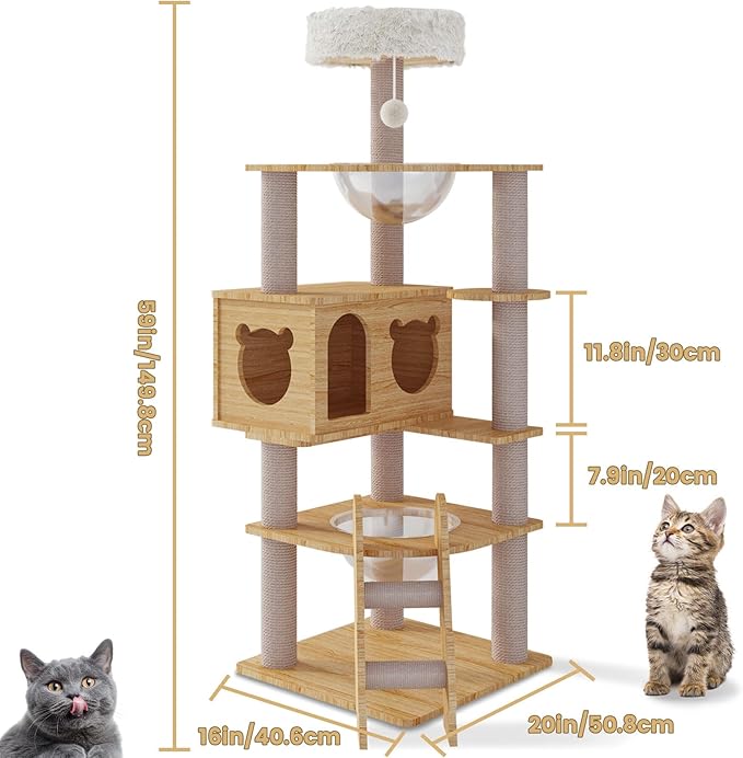 CCF 59in Wood Cat Tree for Indoor Cats,Multi-Level Modern Cat Tower with Large Cat Condo,Scratching Post,Acrylic Dome and Funny Toys for Small Large Cats,Natural Color