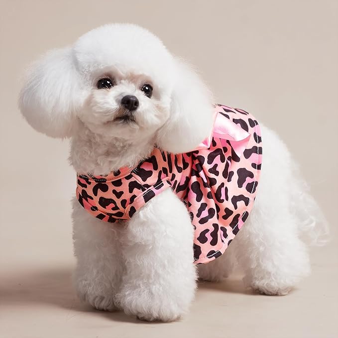 PUPTECK Print Dog Dress Pet Apparel with Cute Bowtie Puppy Clothes Outfit, Leopard Print, M