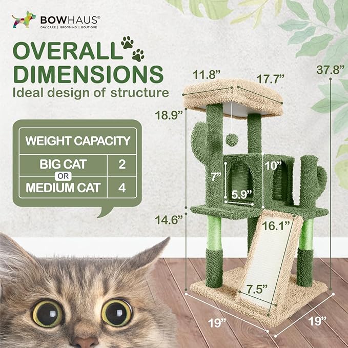 Cactus Cat Tower, 37-Inch Multi-Level Cat Activity Tree with Scratching Posts, Ramp & 2-Door Cat Cave Condo