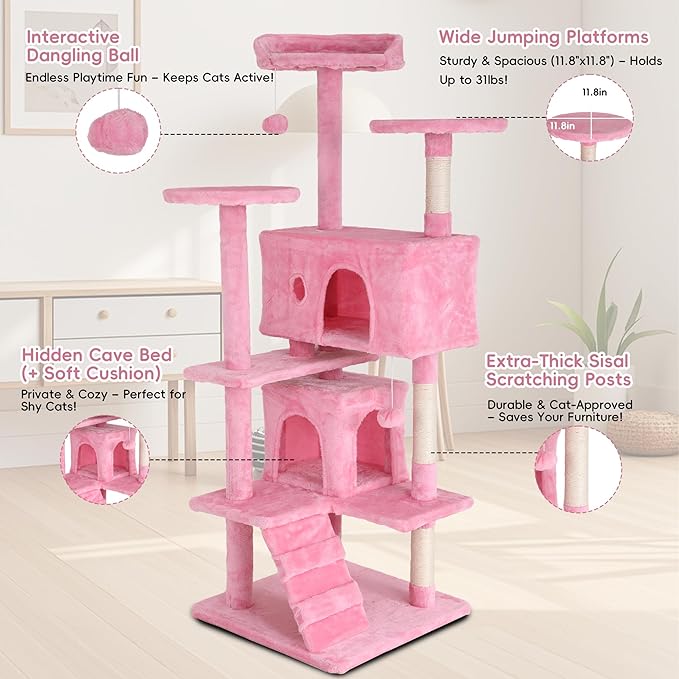 Large Cat Tree, 54 Inches Cat Tower Condo with Scratching Post for Indoor Cats, Wrapped Sisal Pole, Platform, Baskets & Dangling Toy, Pink
