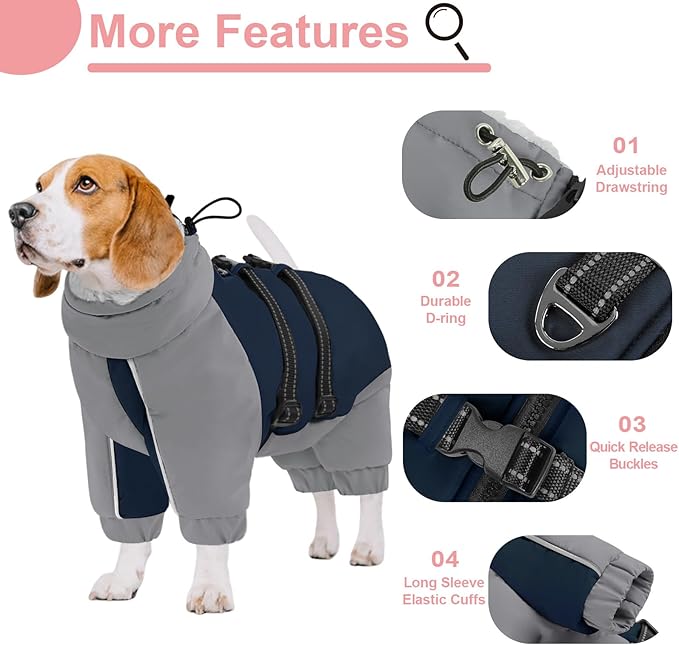 KOESON Four Legged Winter Dog Jacket with Adjustable Buckles, Turtleneck Windproof Fleece Jacket, Reflective Fullbody Puffer Coat Blue Grey M