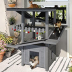 4-Tier Cat Tree Outdoor/Indoor Cat House, Weatherproof Wooden Cat Tower, Multi-Level Feral Cat Shelter with Ramps, Scratching Post & Enclosed Condo, Outside Cat Enclosure for Multiple Cats,Grey